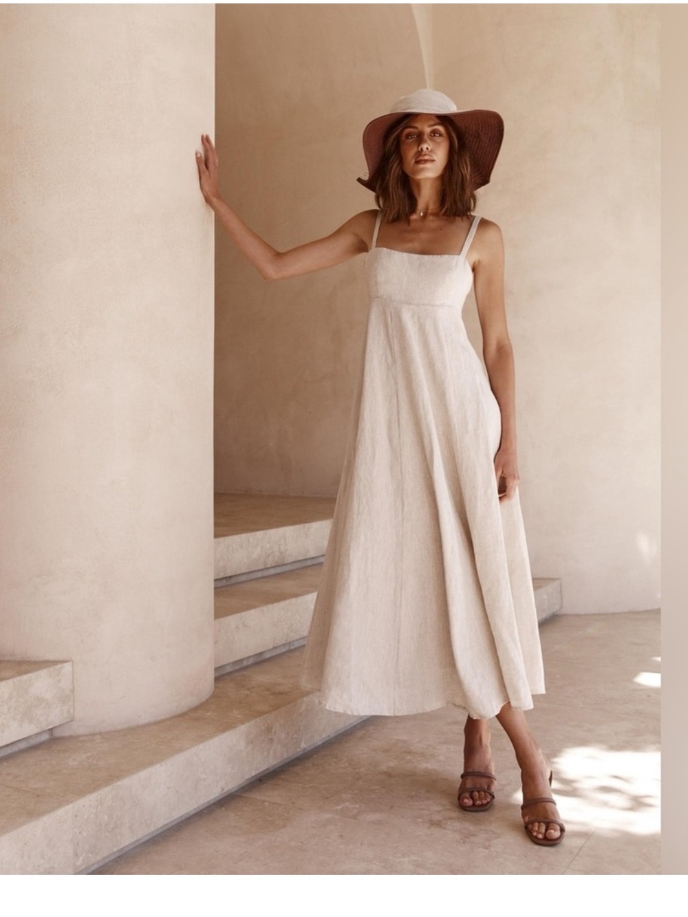 DISSH Cream Linen Midi Dress with Thin Straps